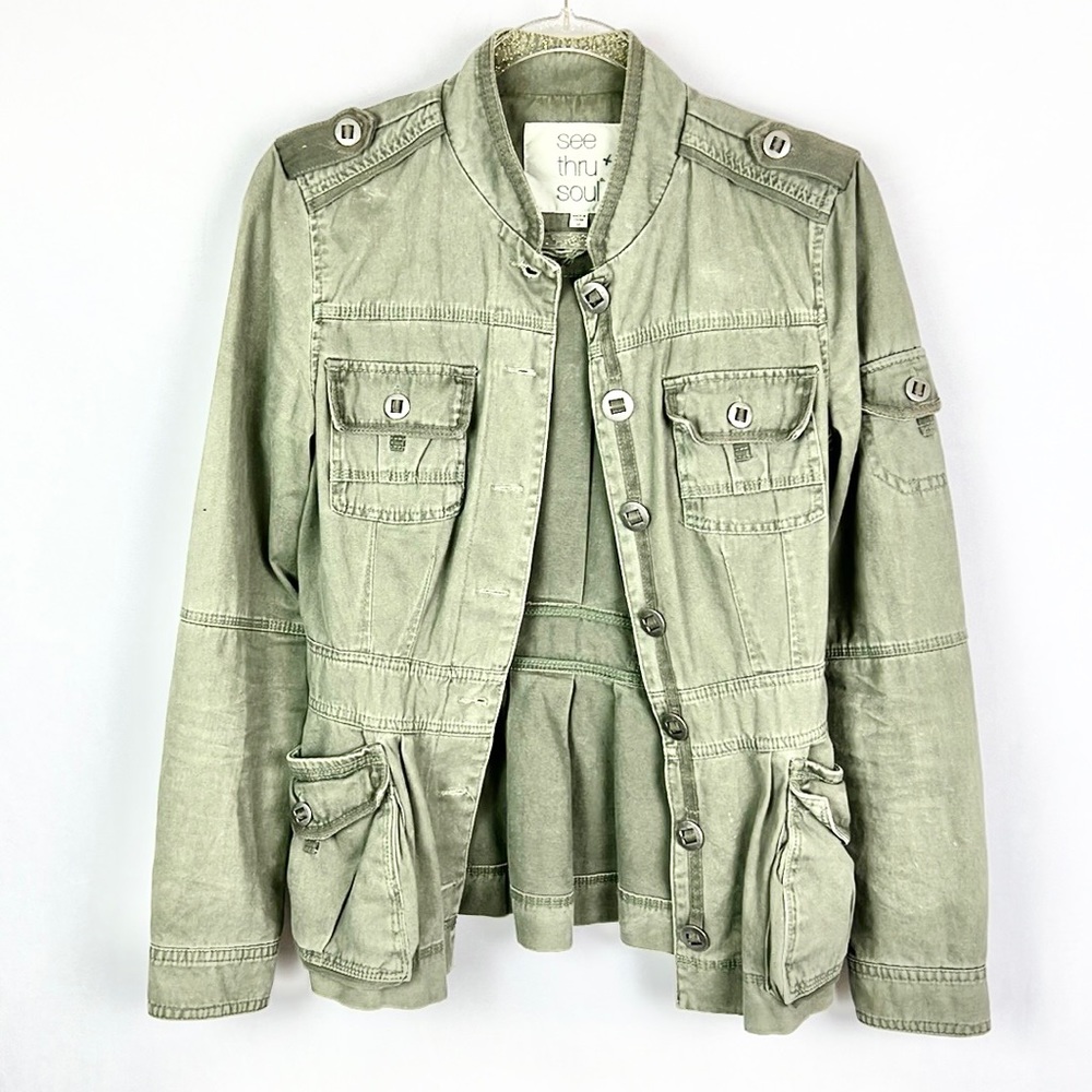 SEE THRU SOUL |🪖Army Green Faded Washed Military Style Button-Up Utility Jacket